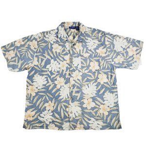 OP Ocean Pacific Hawaiian Short Sleeve Button Up Shirt Mens L Floral Blue Peach